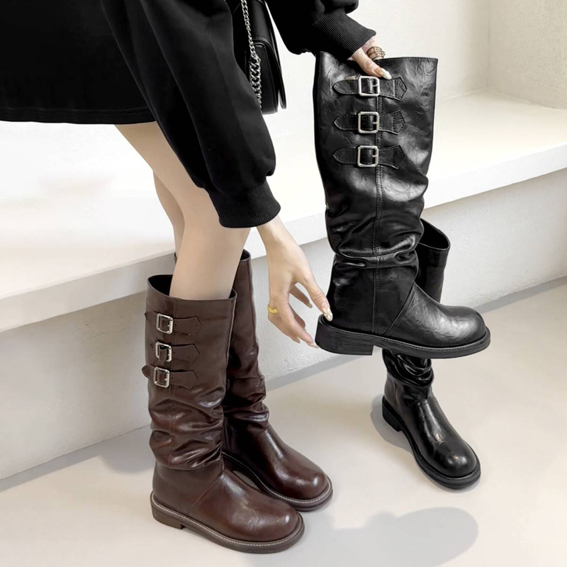 Damskie buty Cameido z plisowaną podeszwą i wysokim obcasem, z klamrą do paska, w stylu retro, w stylu rycerza_voghion.com