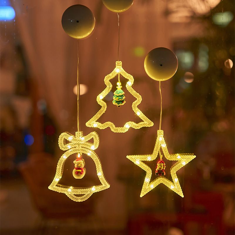Guirnalda de luces LED navideñas con ventosas: formas de árbol, copo de nieve, estrella, luna, campana y corazón._voghion.com