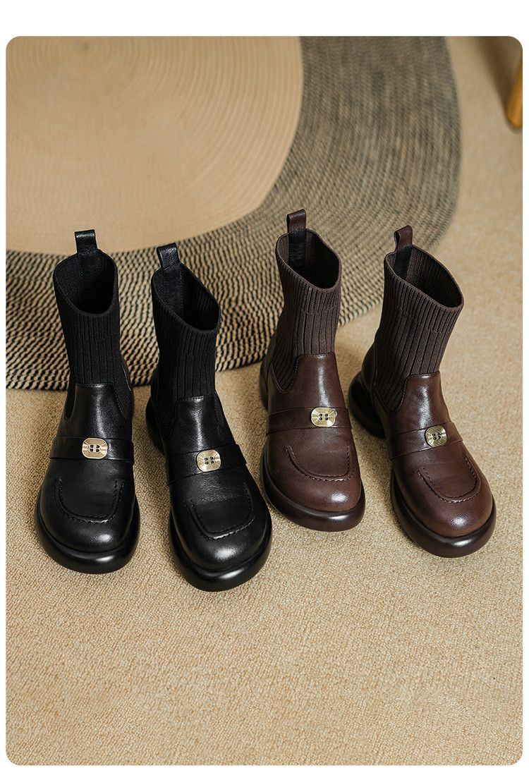 Cameido Women's Leather Short Boots With Elastic Knit Shaft Chunky Heel British Style Autumn Winter_voghion.com