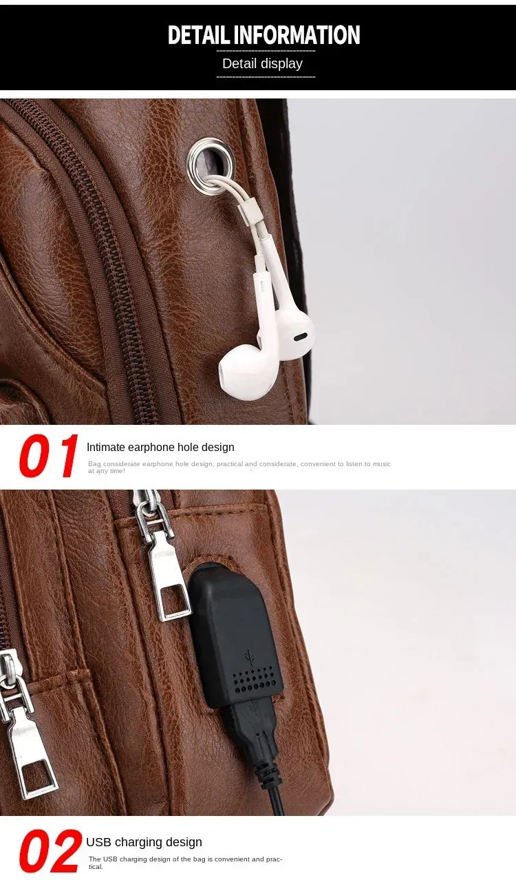 Borsa a tracolla vintage da uomo in pelle PU marrone, grande capacità, con ricarica USB, da viaggio, organizzata, tracolla 250224_voghion.com