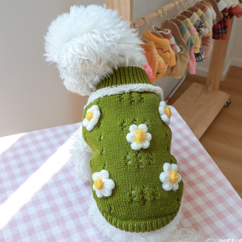1PC Pet Apparel Dog Autumn And Winter Thicken Warm Green Pink 3D Flower Knitting Pullover Sweater For Small Medium Dogs_voghion.com
