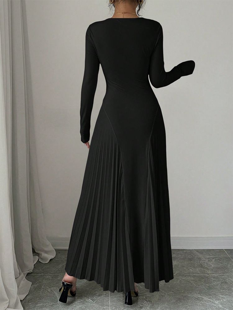 Nuovo abito plissettato a maniche lunghe lavorato a maglia, gonna lunga, elegante, sottile, versatile, alla moda_voghion.com