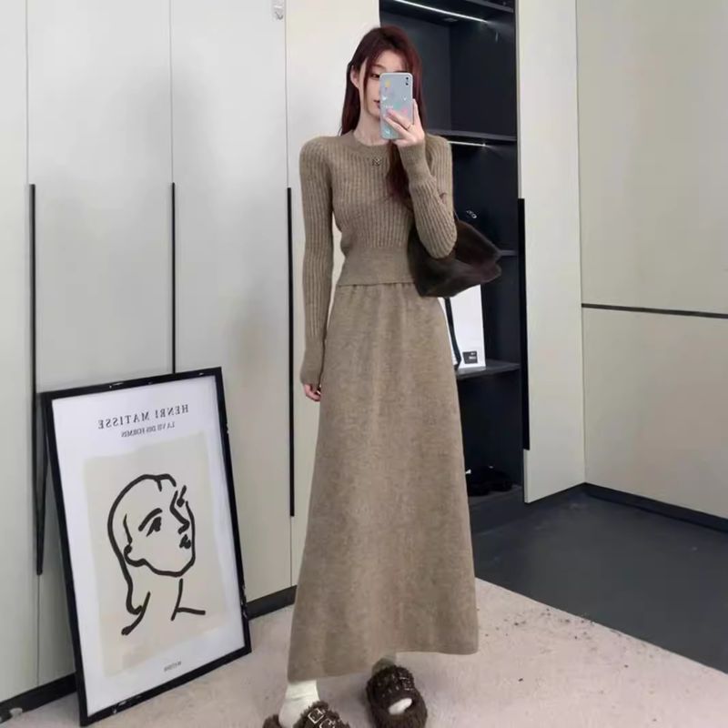 KANING Round Neck Sleeve Pullover Sweater And Midi Two-Piece 2025 Autumn New Knitted Long Skirt Set_voghion.com
