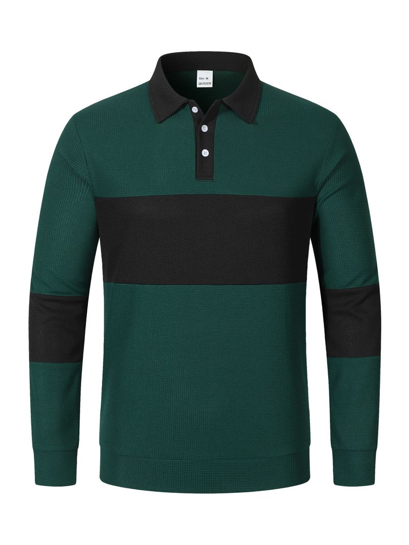 Herren-Poloshirt mit Waffelstrick und Kontrastfarbe, langärmelig – Locker geschnittenes, lässiges Hemd mit Button-Down-Kragen für den Herbst_voghion.com