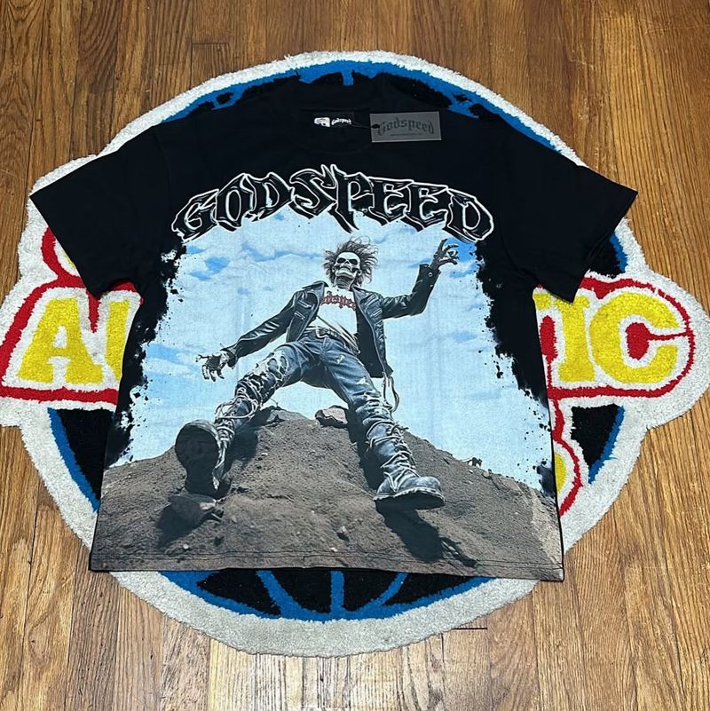 Unbeatable Quality Trendy GOD SPEED Skeleton Rock Print Ins Washed Out Hip Hop Loose Short Sleeve T-shirt For Men_voghion.com