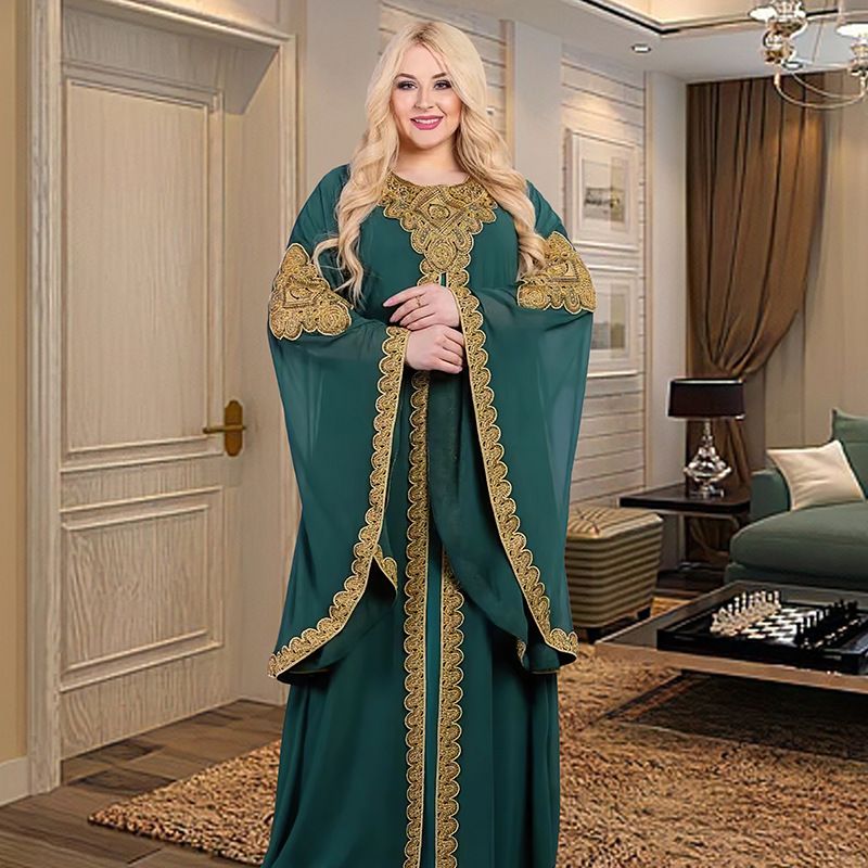 Rochie de damă Jalabiya musulmană din Orientul Mijlociu Malay cu mâneci trompetă brodate Robă brodata din dantelă aurie 8872_voghion.com