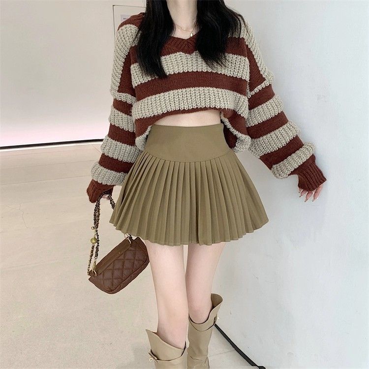 Jupe mi-longue en laine kaki GraceChic Melard pour femme, nouvelle collection automne-hiver, taille haute, amincissante, plissée, coupe trapèze, anti-exposition_voghion.com