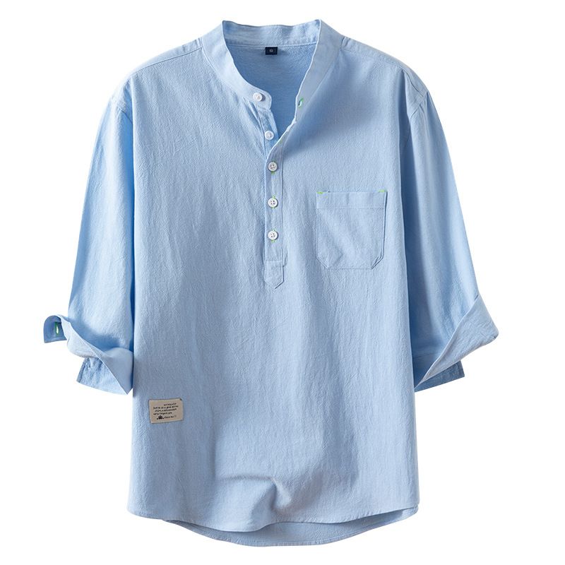 Herrenbekleidung, Baumwoll-Leinen-ähnliches Kurzarm-Freizeithemd, atmungsaktiv, leicht, schmale Passform, Stehkragen, Sommeroberteil (Weiß/Schwarz/Grau/Beige)_voghion.com