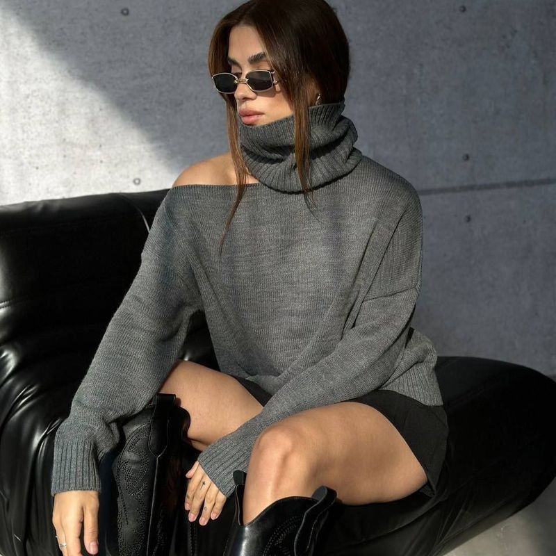 Women's Clothing 2024 autumn new women's clothing pure desire style off shoulder half high collar slim all match knitted sweater_voghion.com