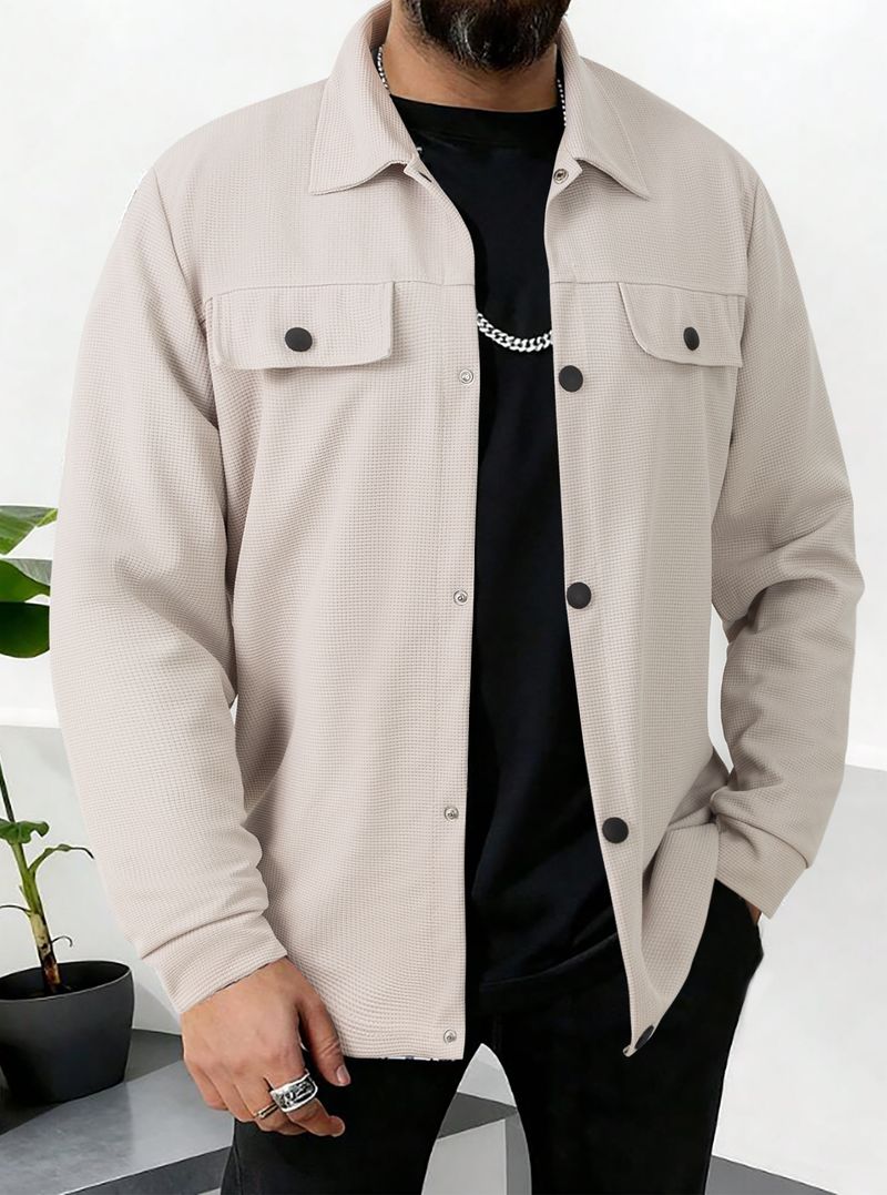 Men's Waffle-Knit Long Sleeve Jacket – Lightweight Casual Open Front Coat With Pockets, Solid Color Loungewear For Fall (S-Xxxl)_voghion.com