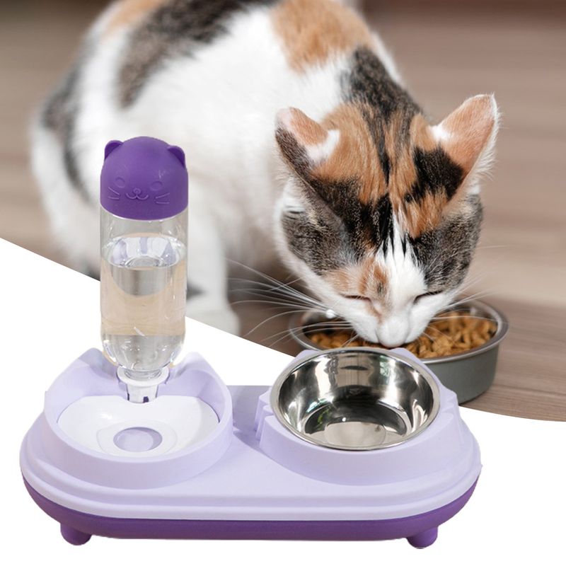 Guangying 1 conjunto moda 3 em 1 tigela de gato tigela dupla automática beber tigela proteção pescoço cão gato beber tigela de alimentação suprimentos para animais de estimação_voghion.com