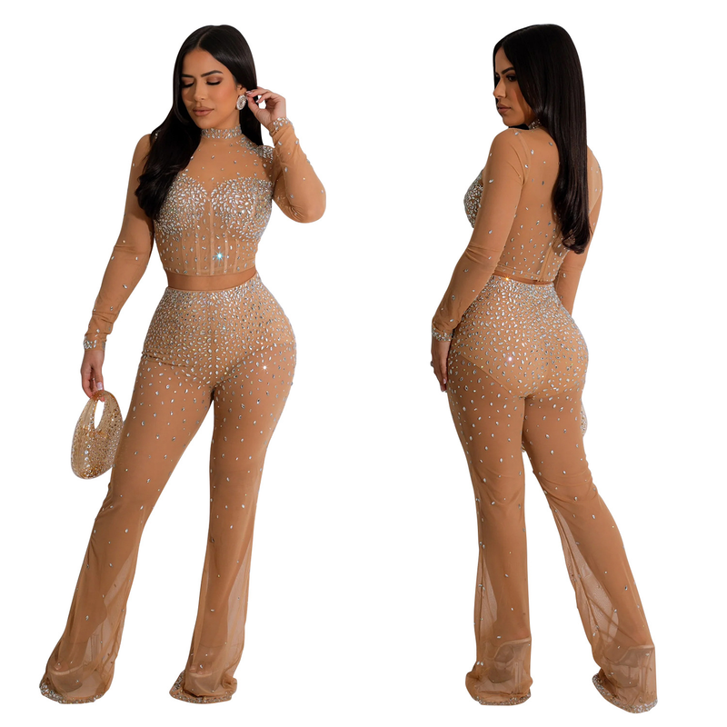 Conjunto de duas peças de calças de manga comprida de diamante quente de malha de cor sólida feminina_voghion.com