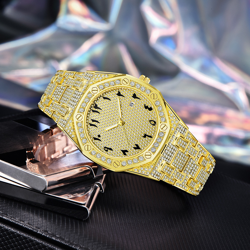 Herr Hip Hop Cool Legering Band Diamant Datum Guld Quartz Klockor_voghion.com