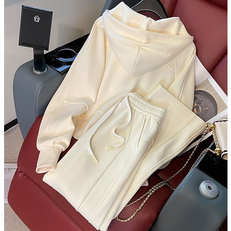 Completo da donna con felpa con cappuccio in pile e pantaloni a gamba larga: comodo completo casual in due pezzi con fodera in velluto per autunno e inverno_voghion.com