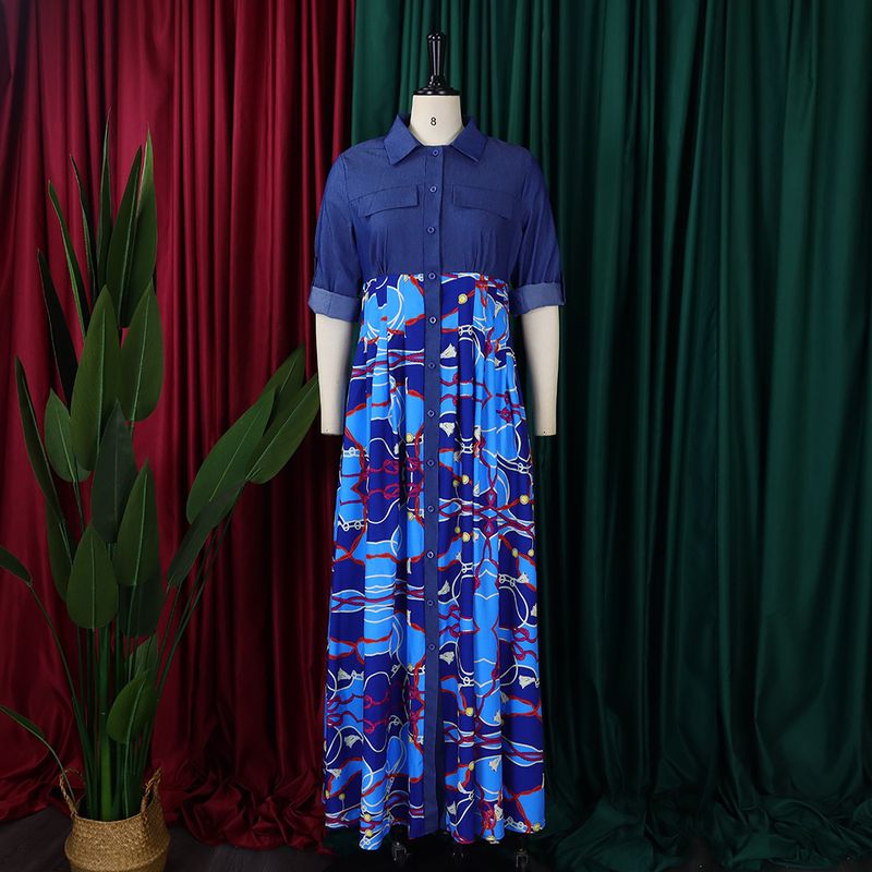 C8551 Herbst Und Winter Neue Große Größe Damenmode Casual Denim Spleißen Gedruckt Langen Rock Große Schaukel Außenhandel_voghion.com