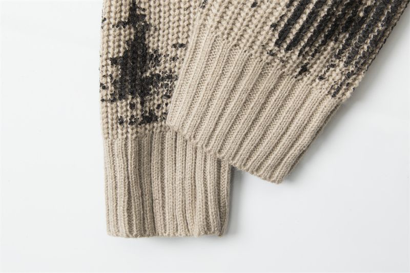 Gothic Tie-Dye Knit Cardigan – Unisex Distressed Open-Front Coat, Stand Collar & Drop-Shoulder Design, Grunge Streetwear Staple (Ashy Grey/Khaki)_voghion.com