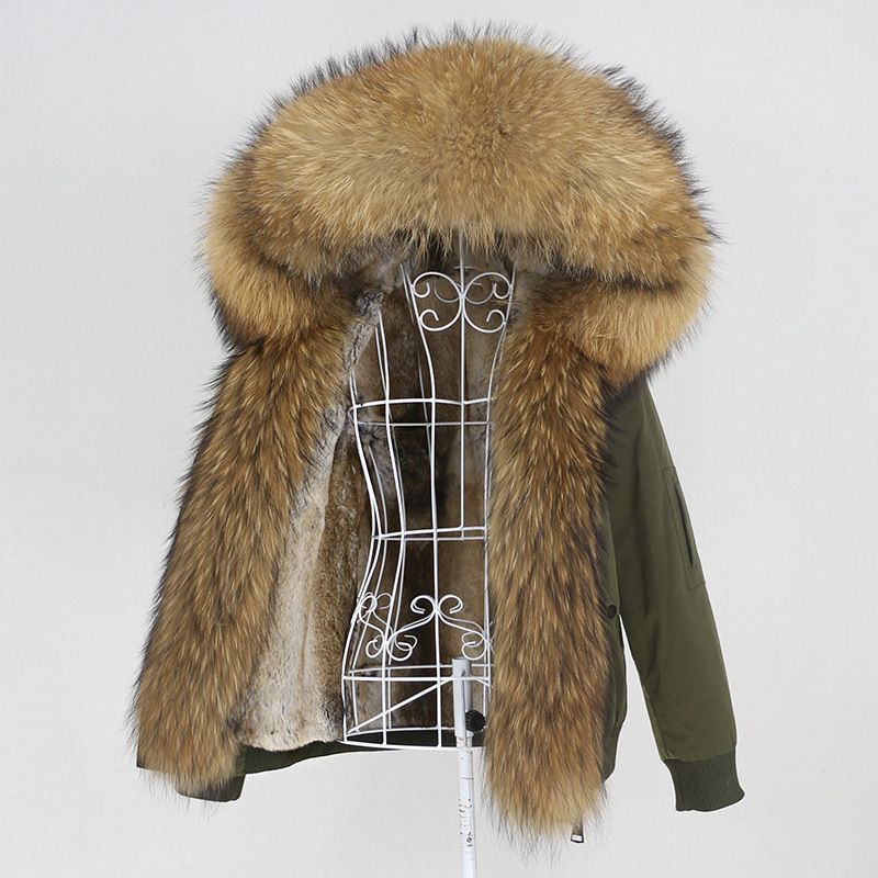 Damenbekleidung Parka im neuen Stil mit dickem Kaninchenfellfutter, abnehmbarem echtem Fuchspelz, großer Pelzkragenjacke, Pelzmantel_voghion.com