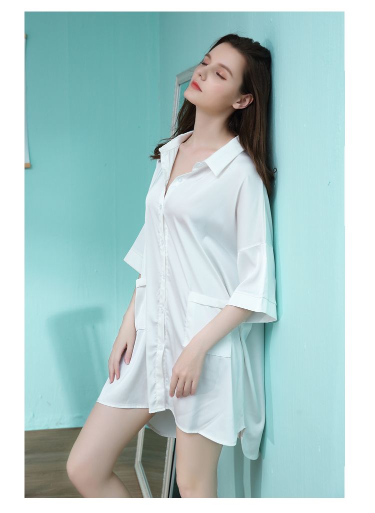 Chemise de nuit blanche sexy et fine en soie glacée, style boyfriend, longue et décontractée, mais charmante_voghion.com
