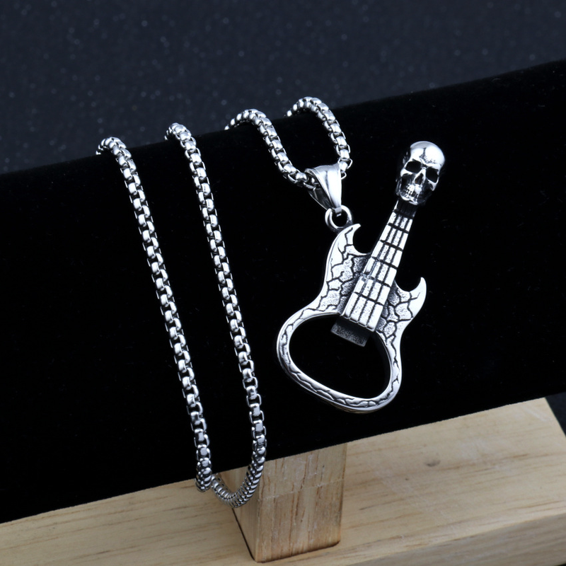 Vintage Skull Guitar Opener Pendant Necklace Men's Hip Hop Rock Personality Design Jewelry Accessories Party Gifts_voghion.com