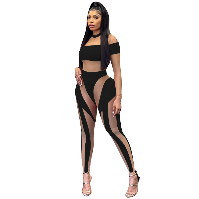 Moda feminina sexy boate malha apertada transparente calças de mangas compridas macacão vestido feminino_voghion.com