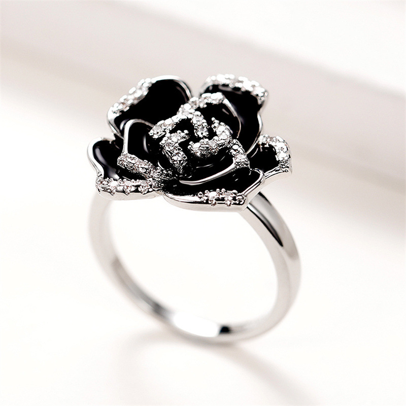 Elegante anello da donna in zircone smaltato con esclusivo anello adesivo gocciolato fatto a mano con fiori di rosa nera per le donne_voghion.com
