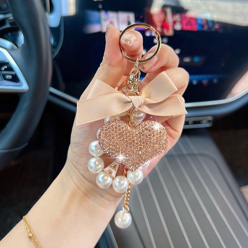 New Bowknot Pearl String Full Diamond Heart Korean Style Car Keychain Creative Bag Pendant_voghion.com