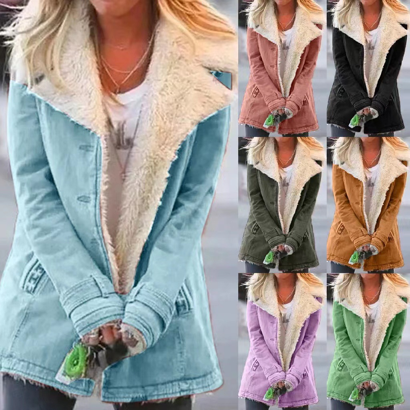 Giacca da donna di media lunghezza con risvolto in peluche tinta unita autunno e inverno_voghion.com