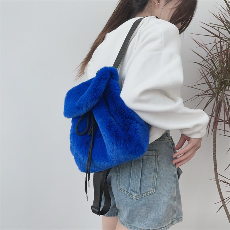 New Plush Backpack Rabbit Fur Fur Backpack Student Girl Large Capacity Drawstring Leopard Pattern Solid Color Versatile Bag_voghion.com