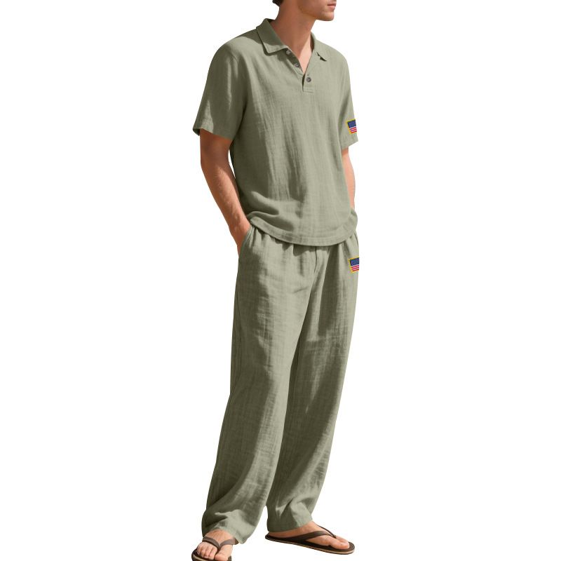 Summer Loose Men's Beach Linen Breathable Casual Large Size Lapel Independence Day Trousers Suit_voghion.com