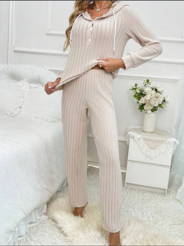 Women's Casual Ribbed Fleece Hooded Button-Up T-Shirt & Pants Lounge Set - Soft Comfortable Home Wear Outfit_voghion.com
