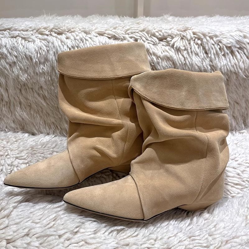 Versione in pelle di pecora ~ Scarpe da donna con tacco a spillo e pelo piegato, nuove scarpe casual alla moda western per autunno e inverno,_voghion.com
