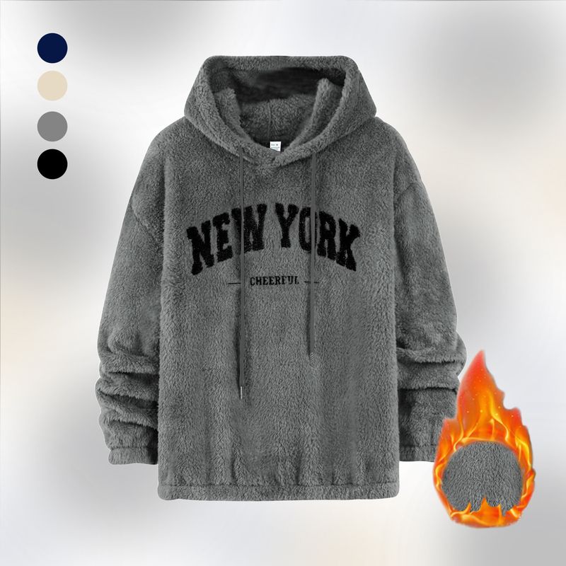 Felpa con cappuccio foderata in pile da uomo con stampa di lettere retrò – Pullover invernale spesso per abbigliamento casual_voghion.com