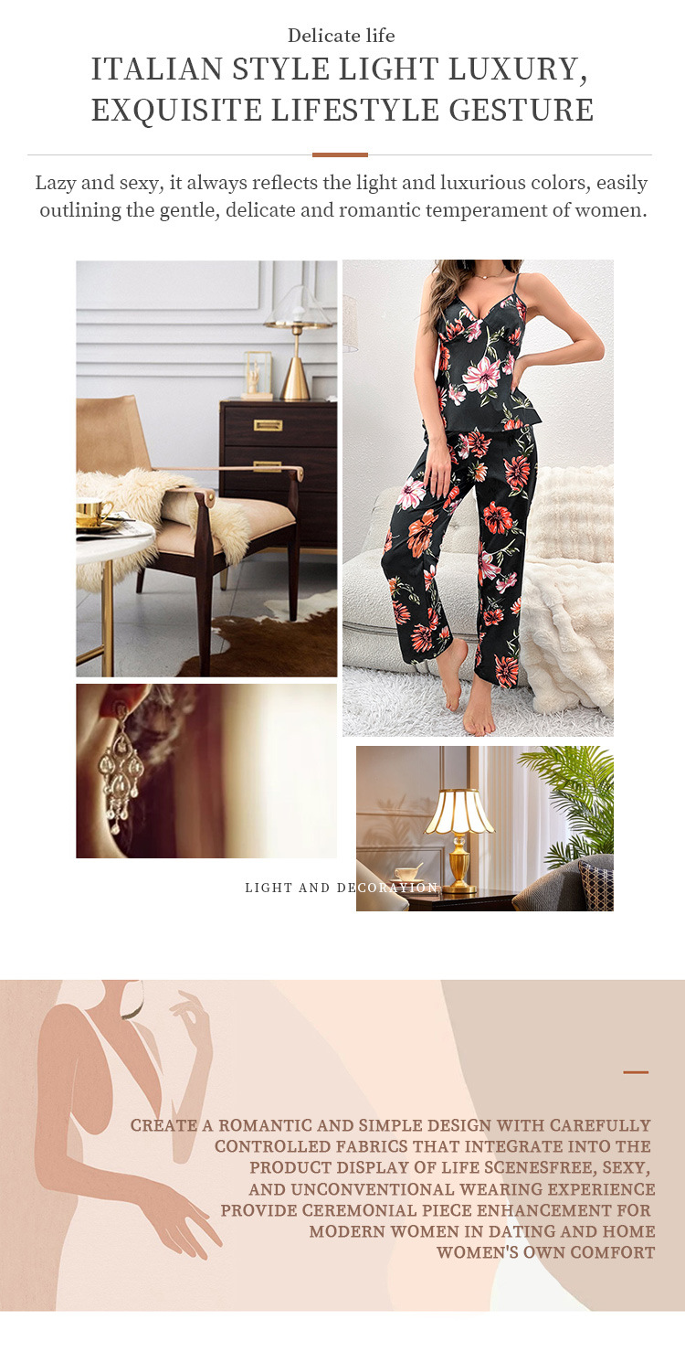 Ropa de mujer, conjunto de pijama informal Sexy con falda con tirantes y espalda descubierta estampada, ropa para el hogar de seda de imitación Simple para mujer_voghion.com