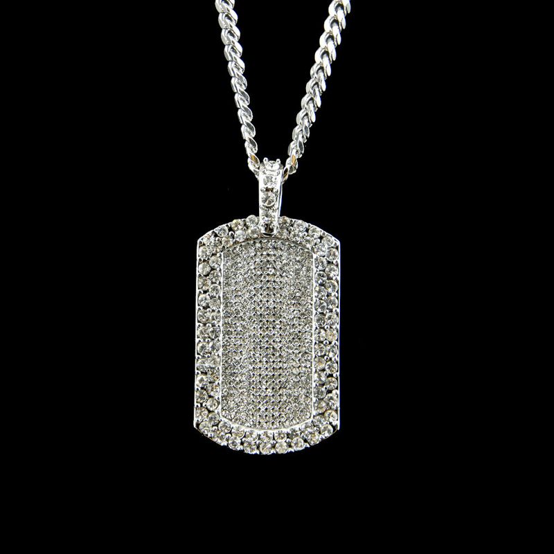 Hip Hop Bling Cuban Link Chain Halskette für Männer und Frauen – Diamantbesetzter Military Dog Tag Anhänger – 5 mm Cuban Link in Gold/Silber_voghion.com
