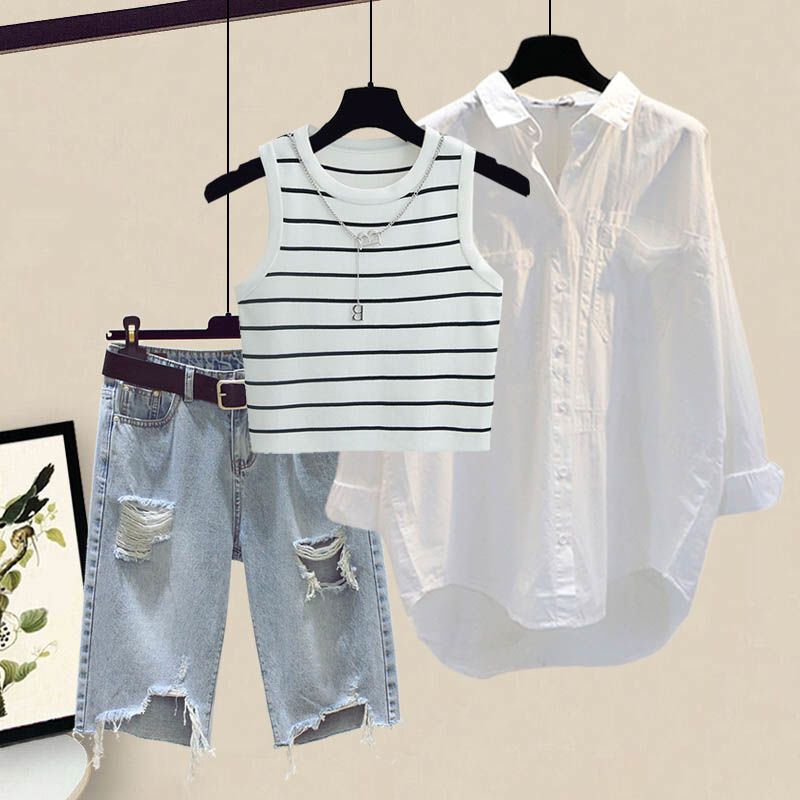 Damenbekleidung Sommeranzüge für Damen Neue große Damenbekleidung Hemd Top Hosenträger mit Jeansshorts Dreiteiliger Anzug_voghion.com