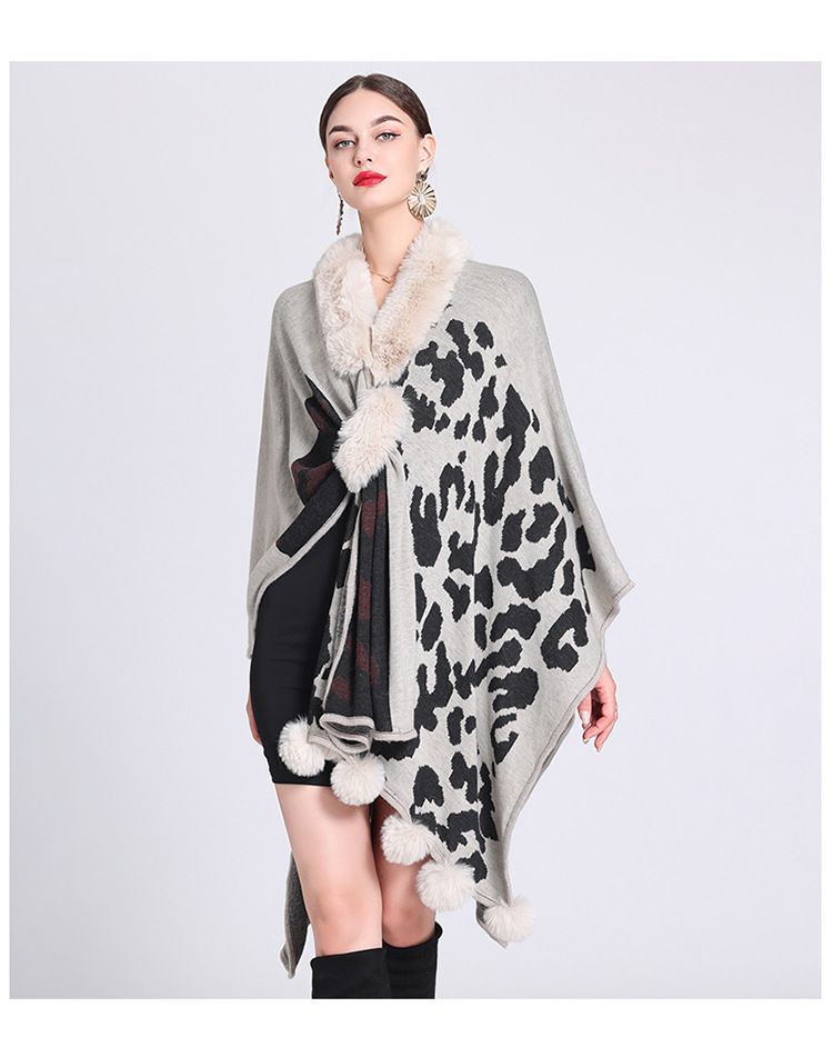 Mantella con collo di pelliccia, mantello con palla di pelliccia, mantello jacquard in maglia larga, cappotto di grandi dimensioni_voghion.com