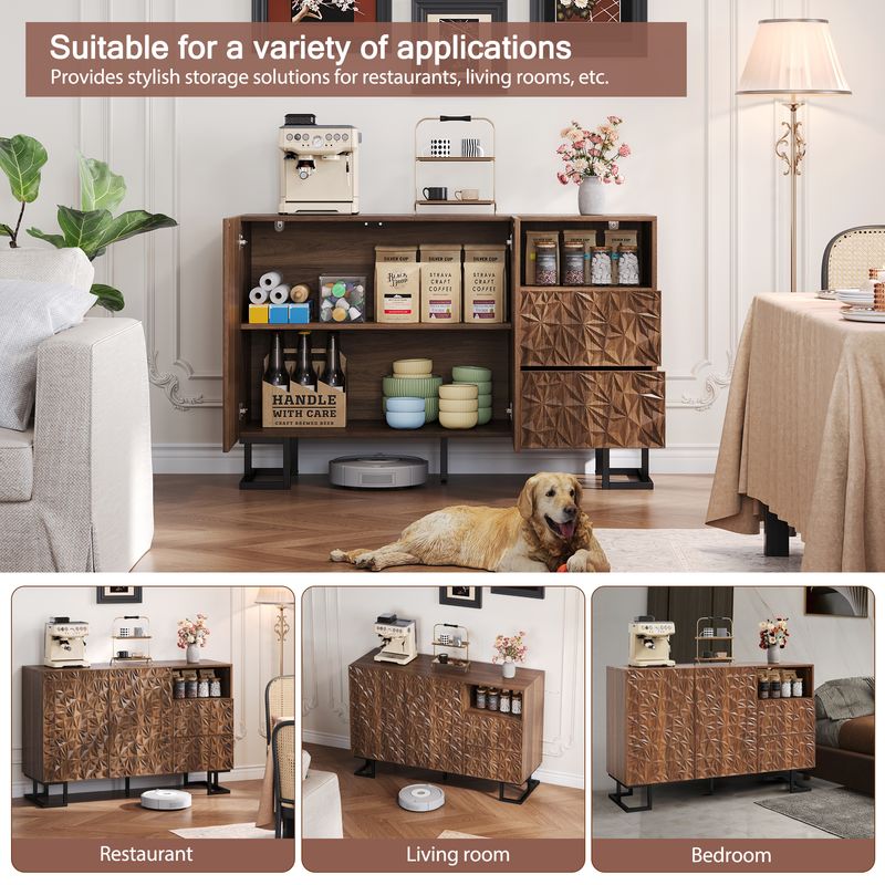 Beistellschrank 120x78,5cm Walnussoptik Mit Blattrelief, 2 Türen & 2 Schubladen_voghion.com