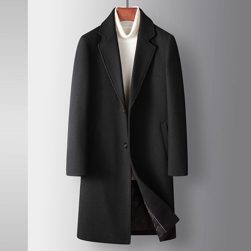 Men's Korean-Style Wool Blend Overcoat – Slim-Fit Winter Trench Coat With Notched Lapel (Black/Navy Blue)_voghion.com