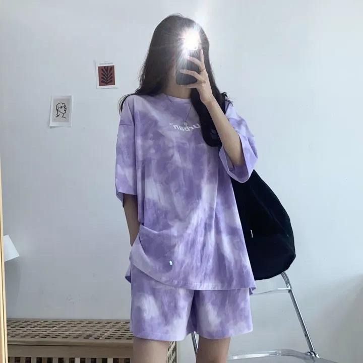 Ženske majice kratkih rukava, odijelo, ležerna tie-dye široka majica kratkih rukava i široke kratke hlače srednjeg donjeg ruba s džepovima, ženski mekani ljetni setovi kratkih hlača_voghion.com