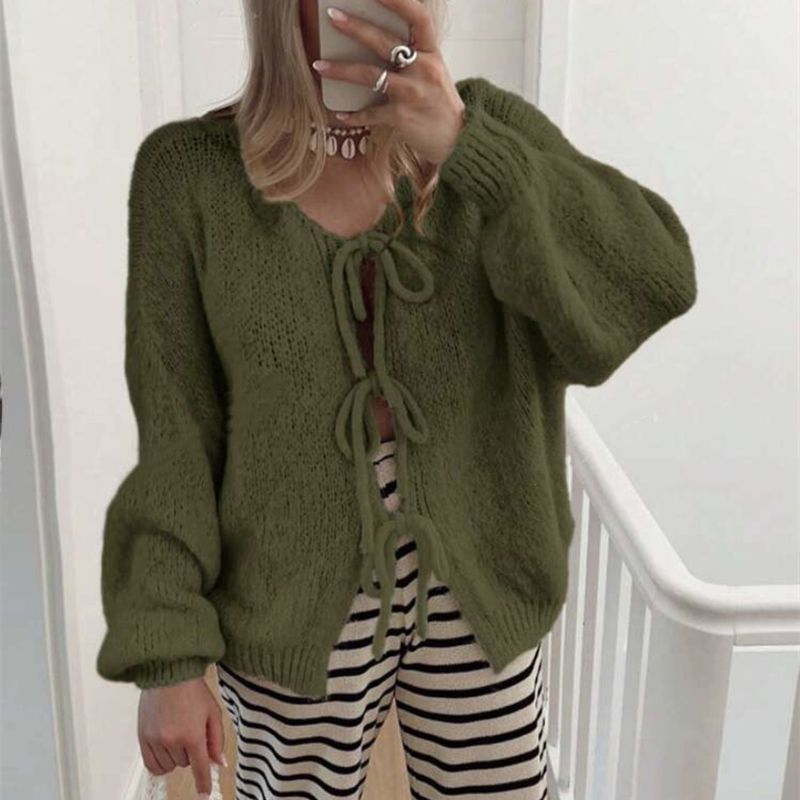 Women's Clothing Elegant V-Neck Tie-Front Knit Cardigan Soft Stylish Long Sleeve Open Front Sweater Lightweight & Versatile For Office & Casual Wear_voghion.com