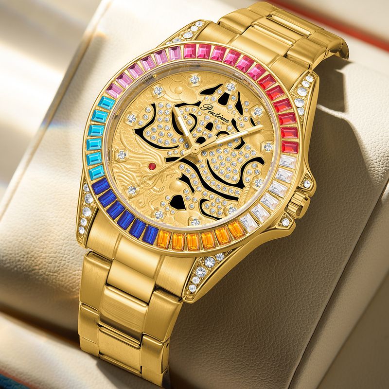 New Fashionable Colored Dragon Full Inlaid Diamond Dial for Men's Business, Non Mechanical Transparent Luminous_voghion.com