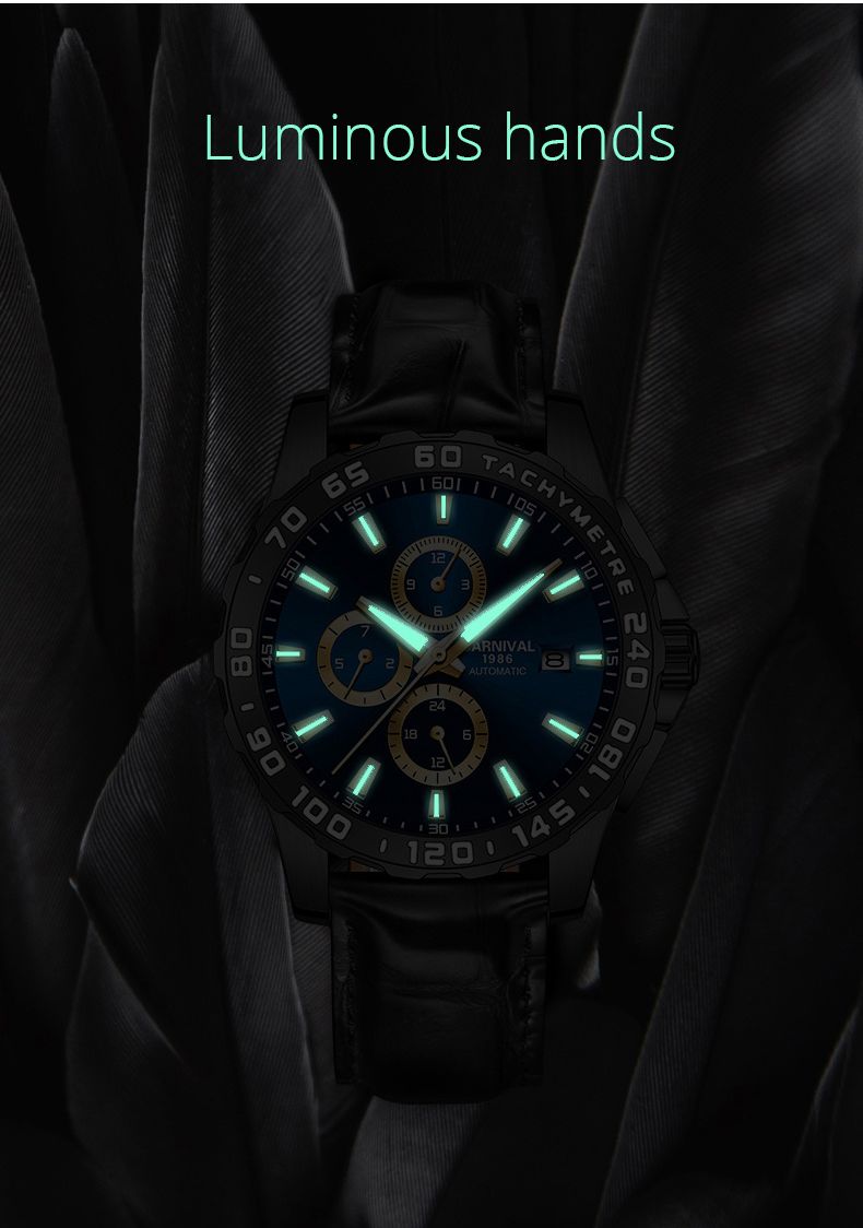 CARNIVAL Montres mécaniques multifonctions pour hommes, montre automatique à double calendrier, bracelet en cuir, lumineuse, étanche_voghion.com