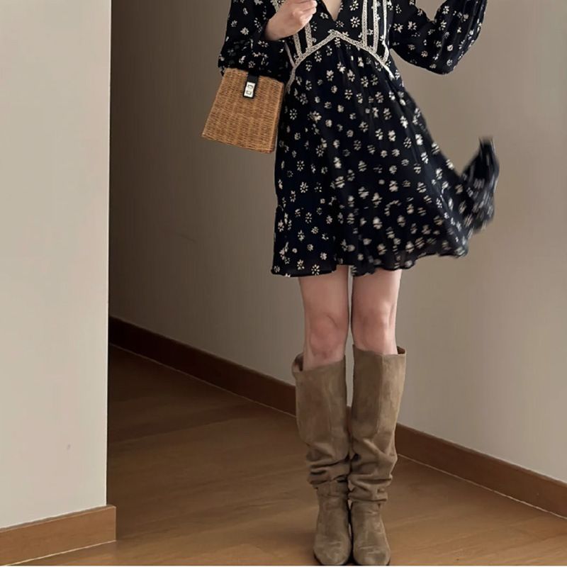 Pleated Slouch For Women New New Thin High Tube Western Chunky Heel Pull-On Riding Boots_voghion.com