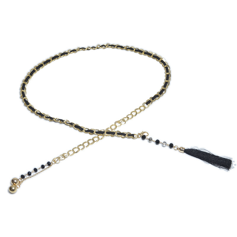 Accessori per abiti da donna con catena in metallo, ciondolo, nappa e cintura sottile da donna con strass intarsiati_voghion.com