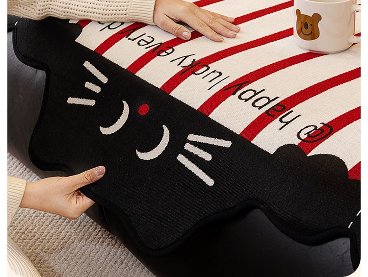 Chenille Geometric Cat Sofa Cushion Cover – Non-Slip Cartoon Print For Sectional Sofas (Stripes & Playful Animals, Red/Brown Options)_voghion.com