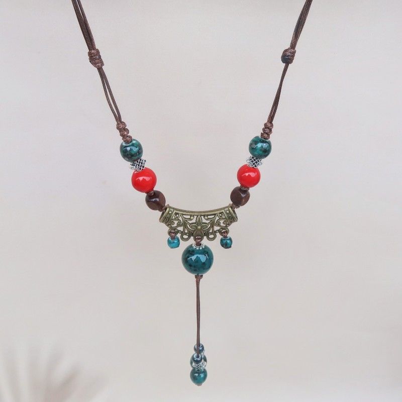 Collana lunga in ceramica etnica reale per donna con ciondolo antico in stile cinese a forma di farfalla_voghion.com