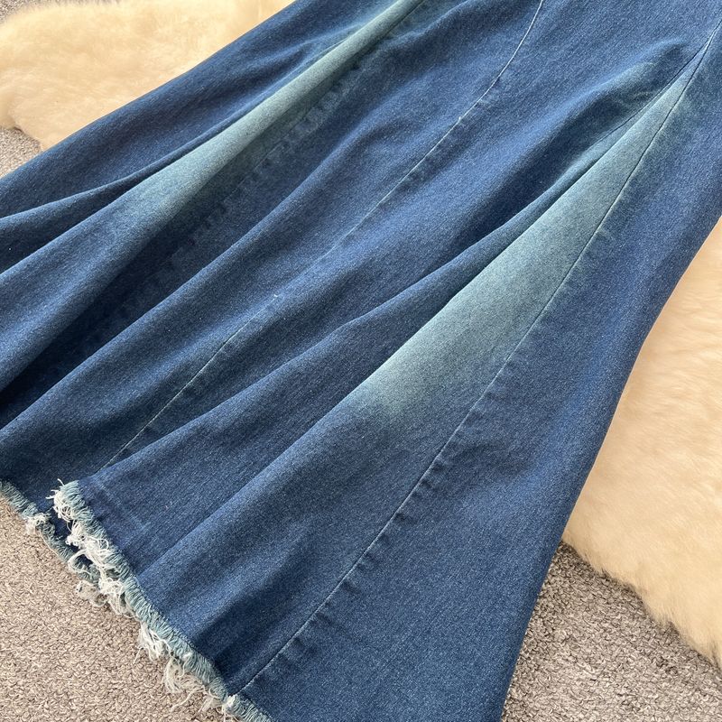Damenbekleidung Feminin Raw Edge Ärmelloses Tube-Top Weste Hohe Taille Fischschwanzrock Denim Zweiteiliger Anzug_voghion.com