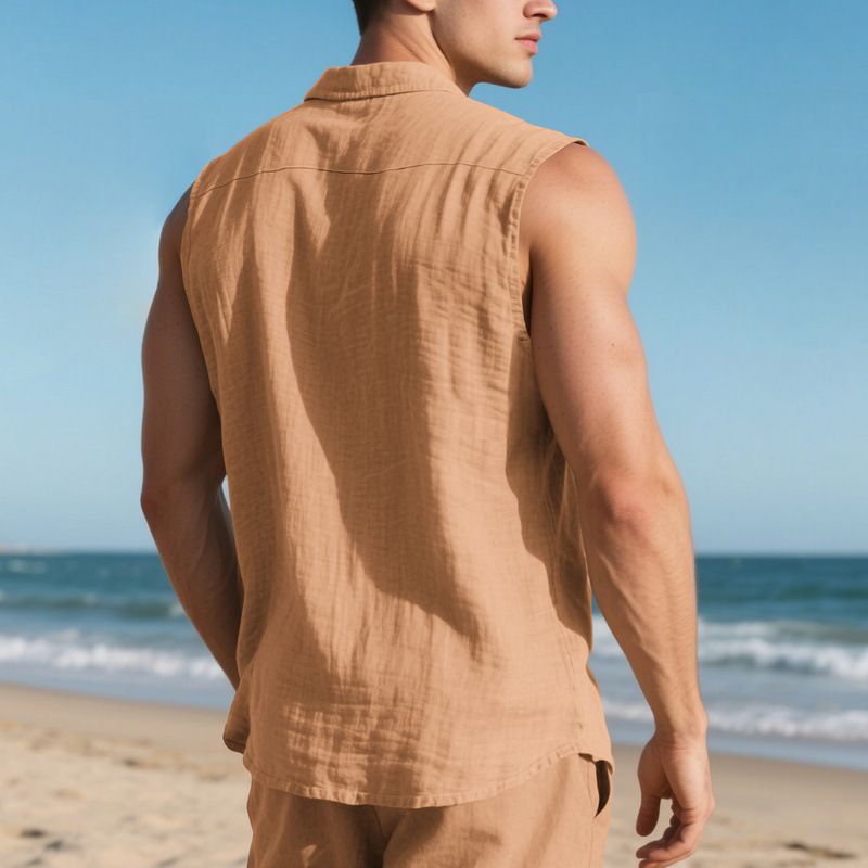 Herren Sommer Neue Lose Leinen Einfache Casual Ärmellose Strickjacke Strand Hemd_voghion.com