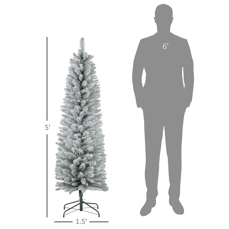 5ft Artificial Pencil Christmas Tree With 263 Snow Flocked Tips, Metal Base, Realistic Xmas Tree_voghion.com