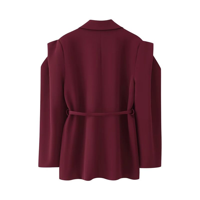 "Elegant Inspired Belted Blazer With Wide Shoulder Pads Stylish Ties Oversized Fit, Long Sleeve, Versatile Streetwear For Women (S/M/L, )_voghion.com